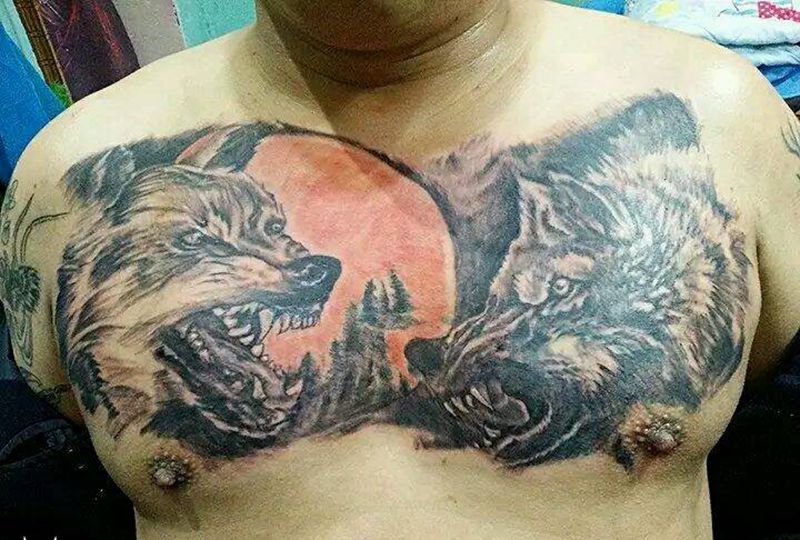 狼纹身图片_胸部欧美写实动物成品纹身图案