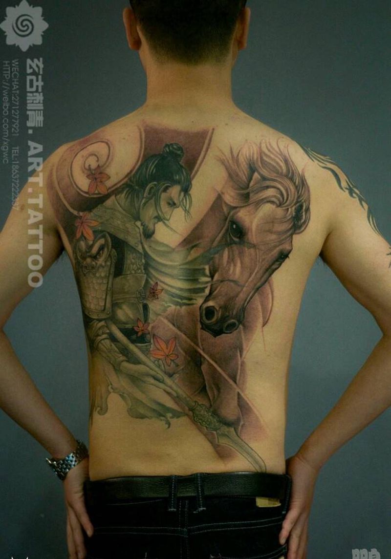 白马纹身图片_背部传统习俗肖像写实国画动物原创成品纹身图案