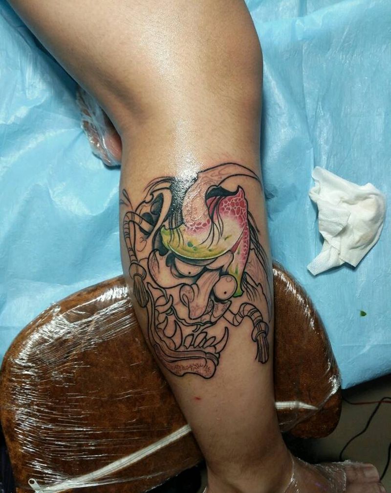 未完成 般若纹身图片_腿部欧美传统鬼神般若纹身图案