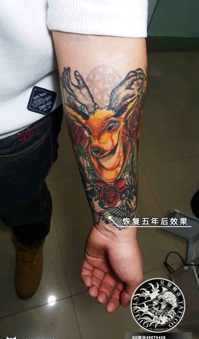 恢复五年后效果纹身图片_Old SchoolNew School鹿乌鸦纹身图案