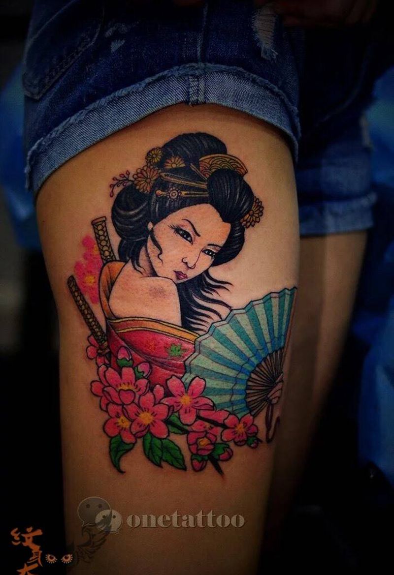 艺妓纹身纹身图片_成品腿部欧美人物纹身图案