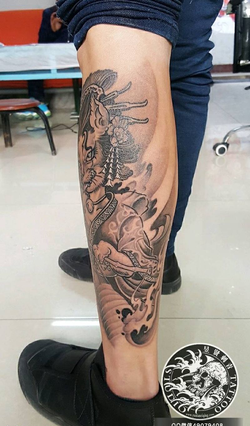 猫妖纹身图片_腿部传统人物猫成品纹身图案