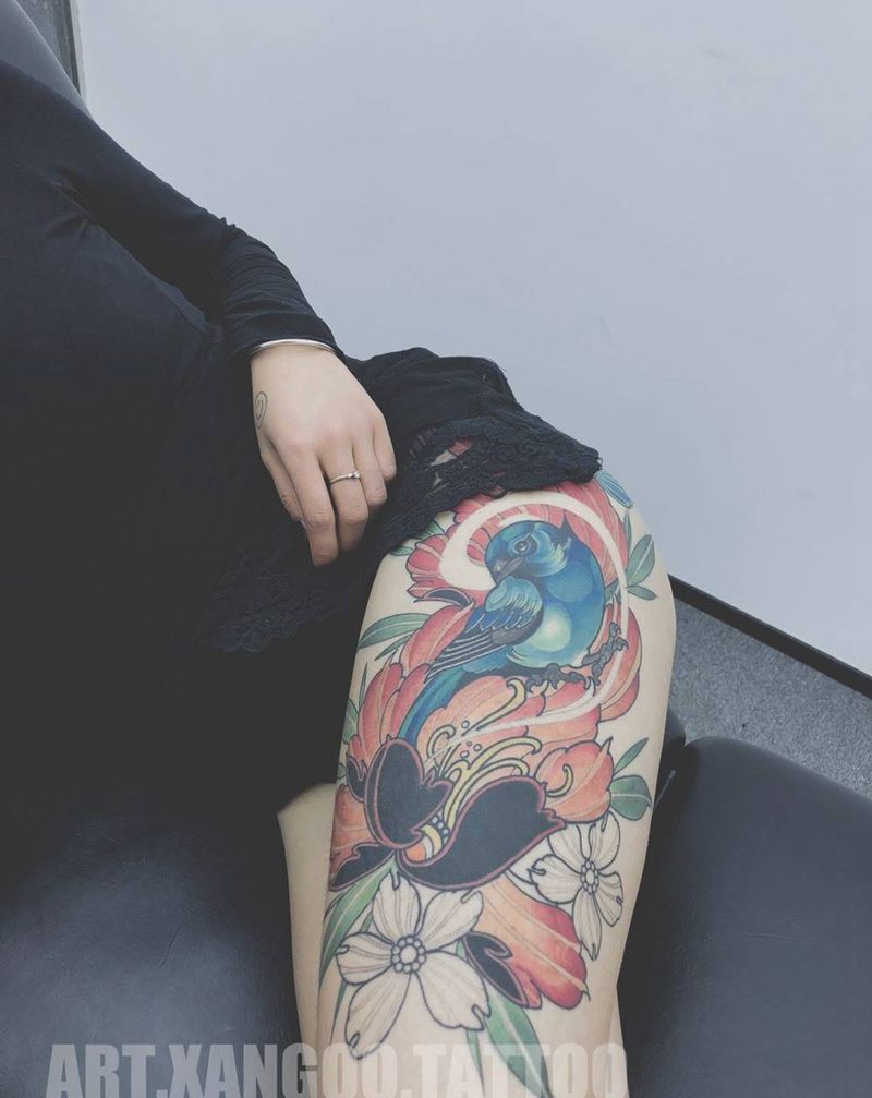 未完成纹身图片_臀部新传统水彩纹身图案