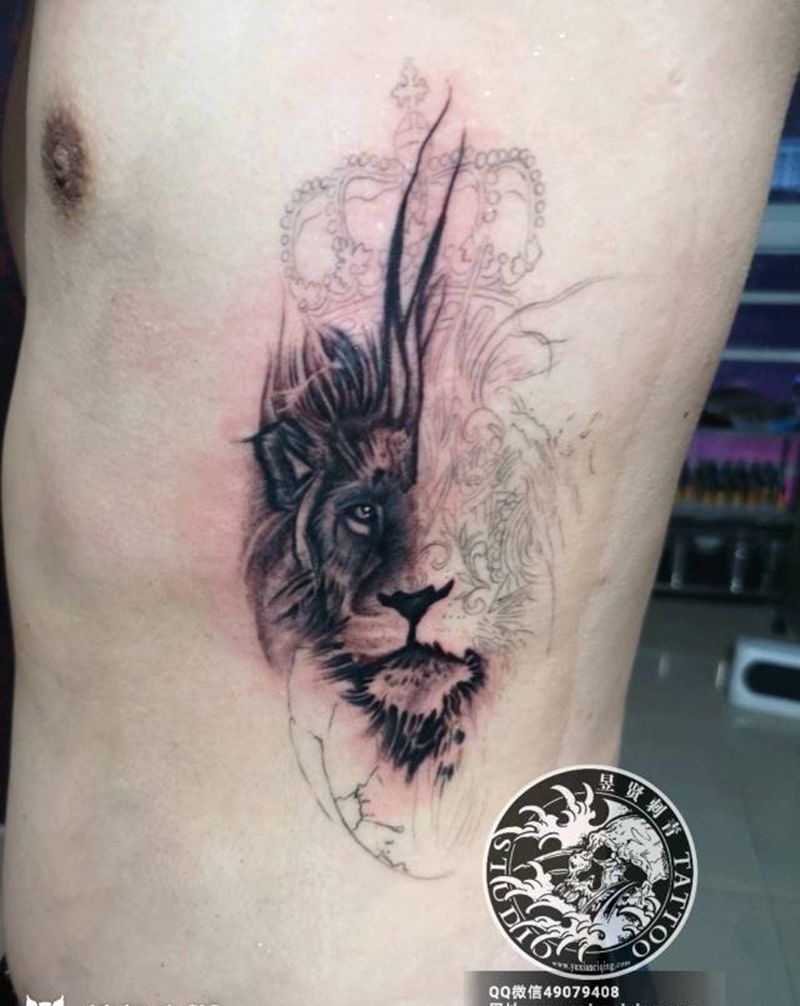 雄狮 未完待续纹身图片_腰部背部欧美写实几何雄狮子纹身图案