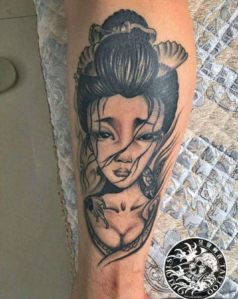 艺姬纹身图片_腹部腰部背部臀部腿部传统清新人物艺姬成品纹身图案