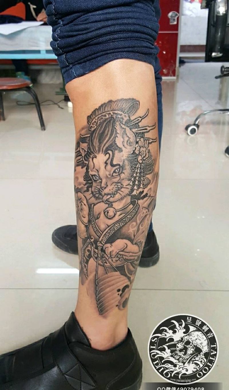 猫妖纹身图片_腿部传统动物人物鬼神猫成品纹身图案