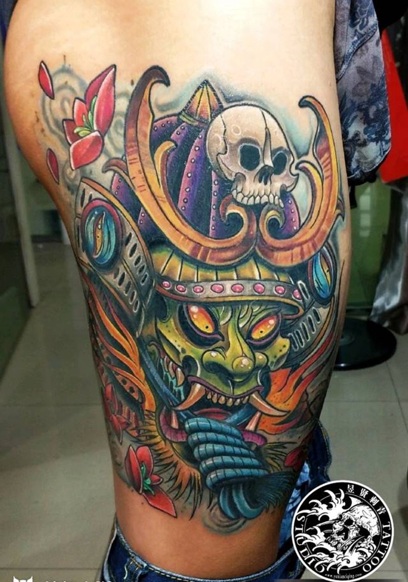 school 鬼武士纹身图片_腿部背部Old SchoolNew School重彩 大腿般若纹身图案