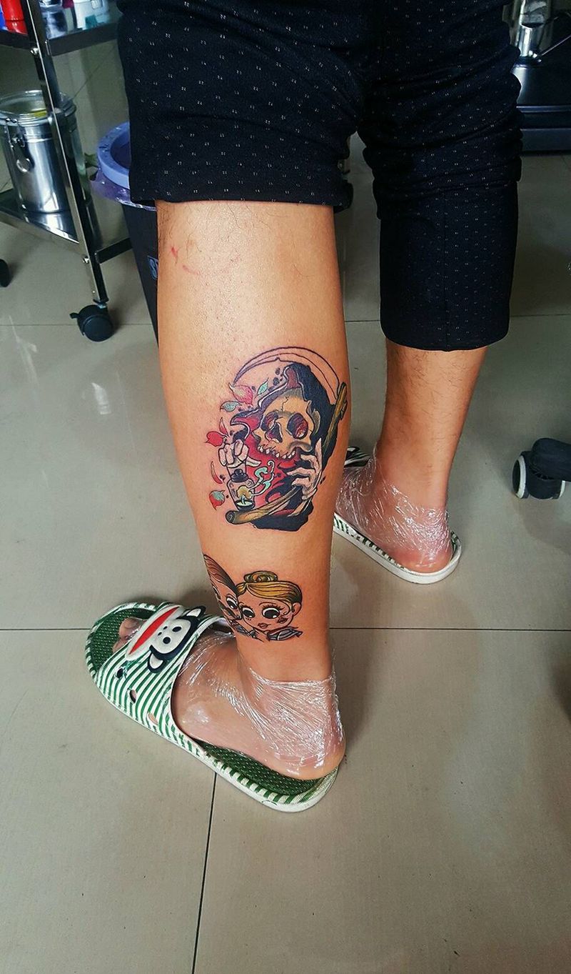 死神纹身图片_腿部欧美清新鬼神宗教死神成品纹身图案