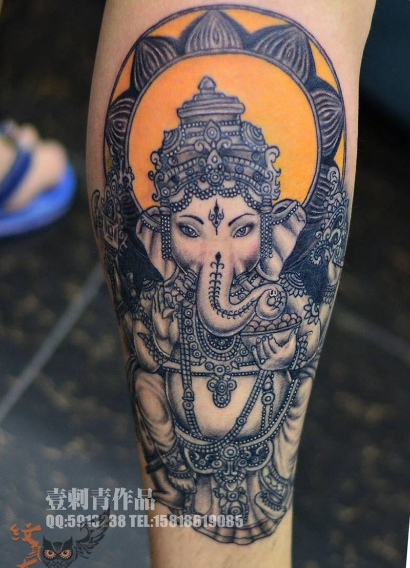 象神纹身图片_成品腿部传统动物纹身图案