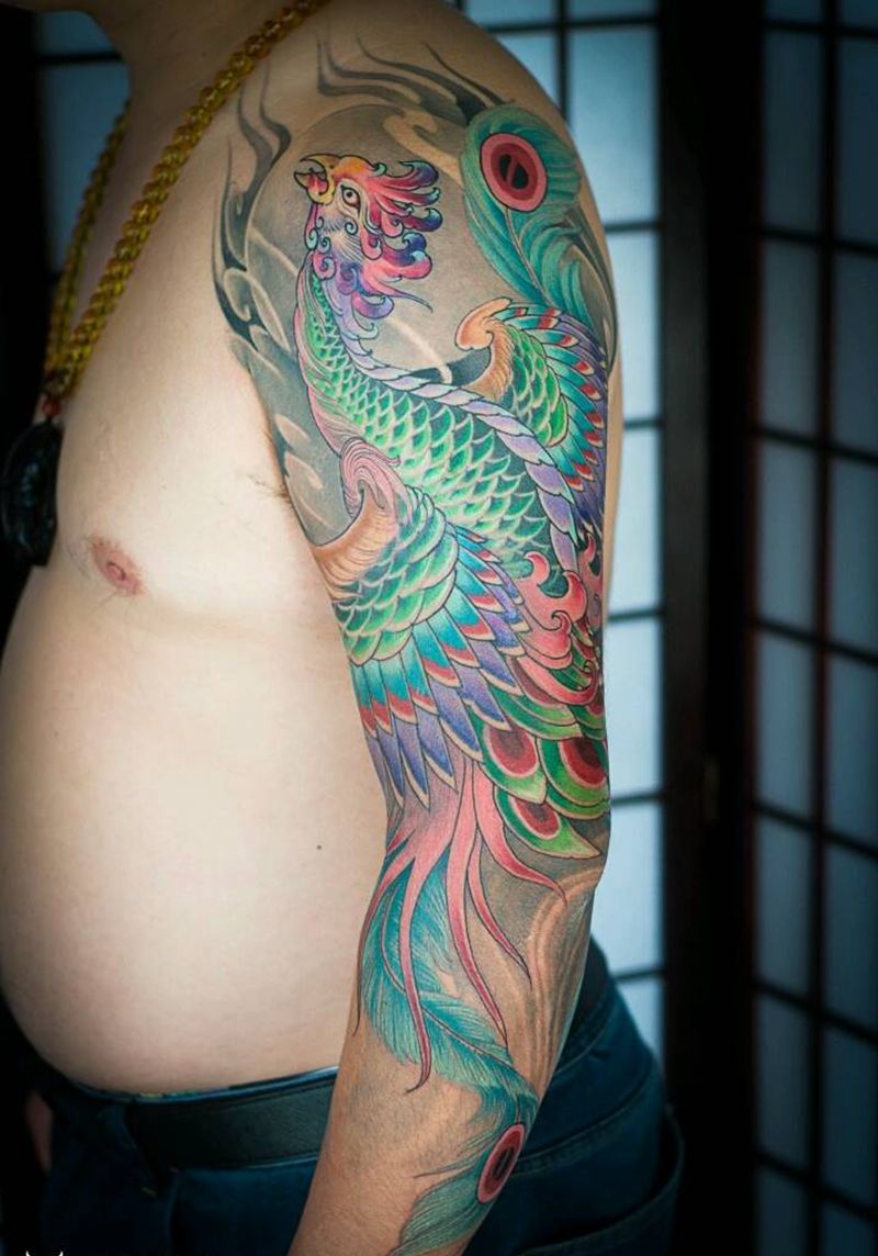 包臂凤凰纹身图片_手臂传统动物成品纹身图案