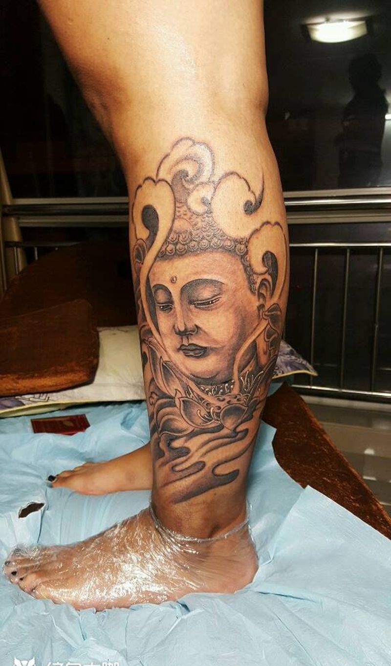 如来纹身图片_腿部传统鬼神宗教佛像成品纹身图案