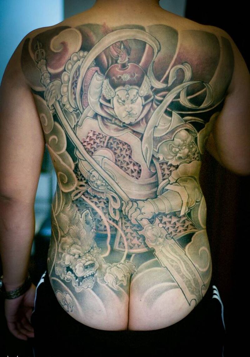 二郎神纹身图片_背部传统人物鬼神宗教成品纹身图案