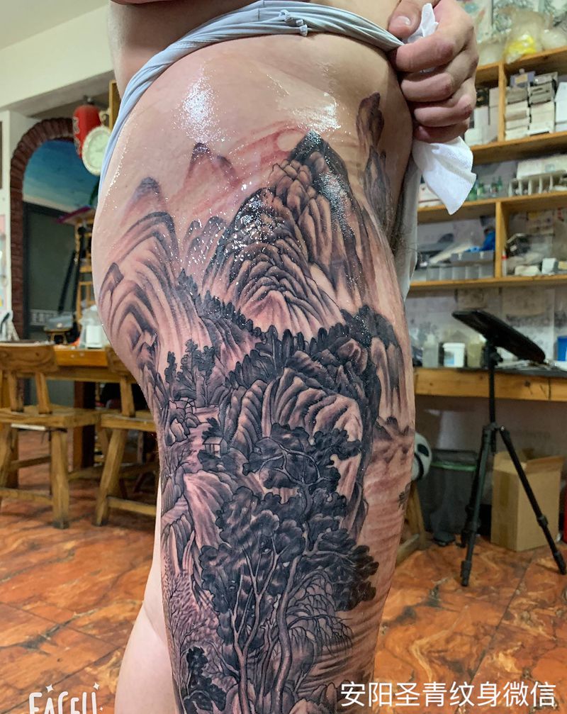 山水画完成喜欢的约我纹身图片_脚部腿部纹身图案