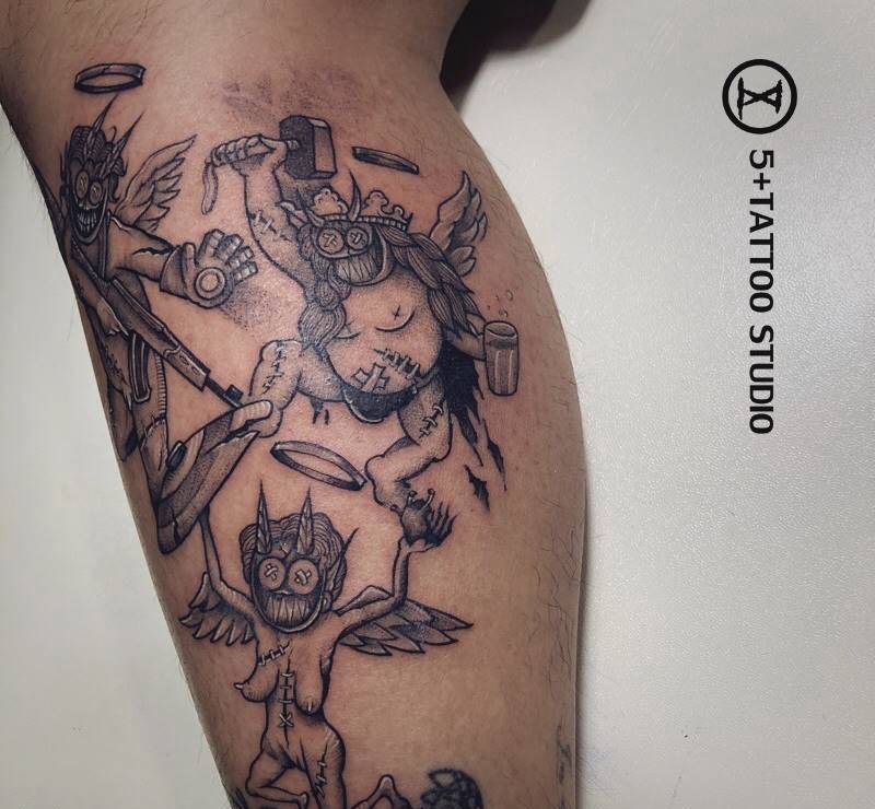 漫威三巨头纹身图片_腿部New School纹身图案