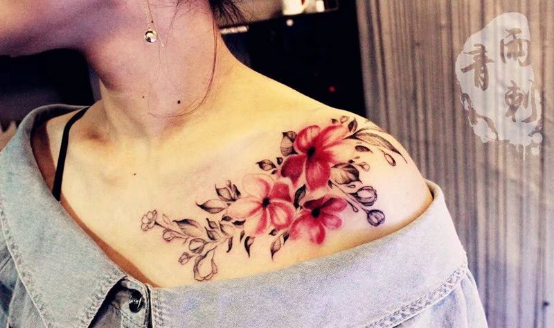 十里桃花纹身图片_成品肩部胸部清新写实欧美手稿插画植物纹身图案