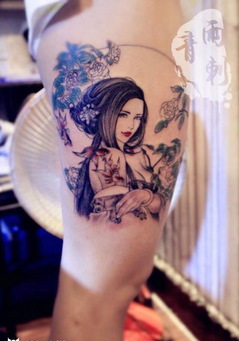 美人图纹身图片_成品手稿插画腿部肖像人物纹身图案