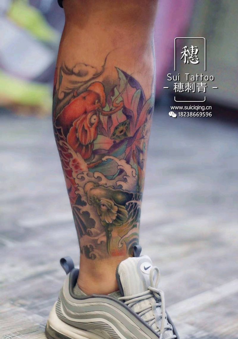 鲤鱼纹身图片_腿部新传统纹身图案