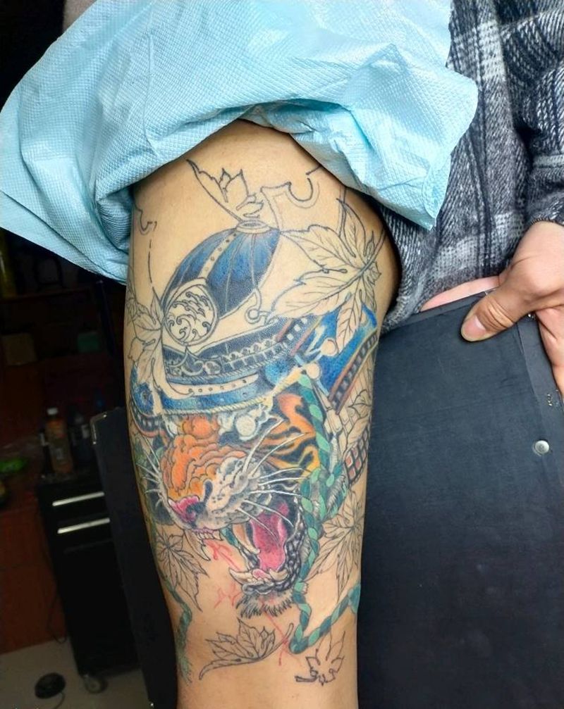 虎武士非原创纹身图片_腿部新传统纹身图案