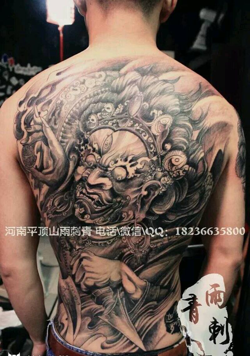 满背大黑天纹身图片_背部传统宗教满背成品纹身图案