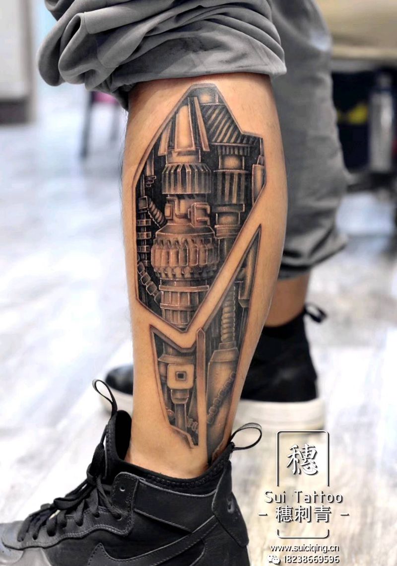 机械腿纹身图片_腿部欧美写实纹身图案