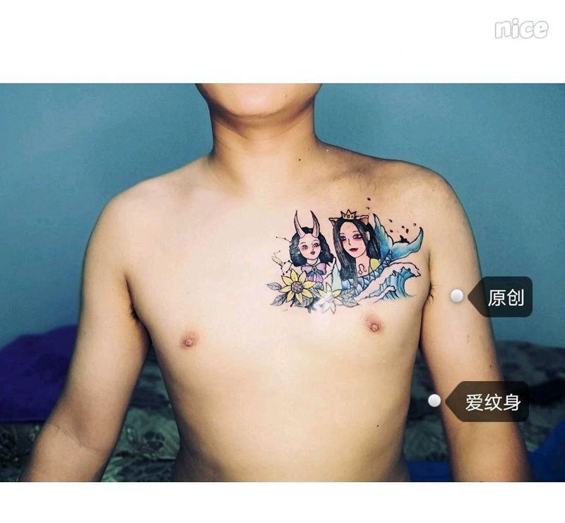 守护纹身图片_胸部New School纹身图案