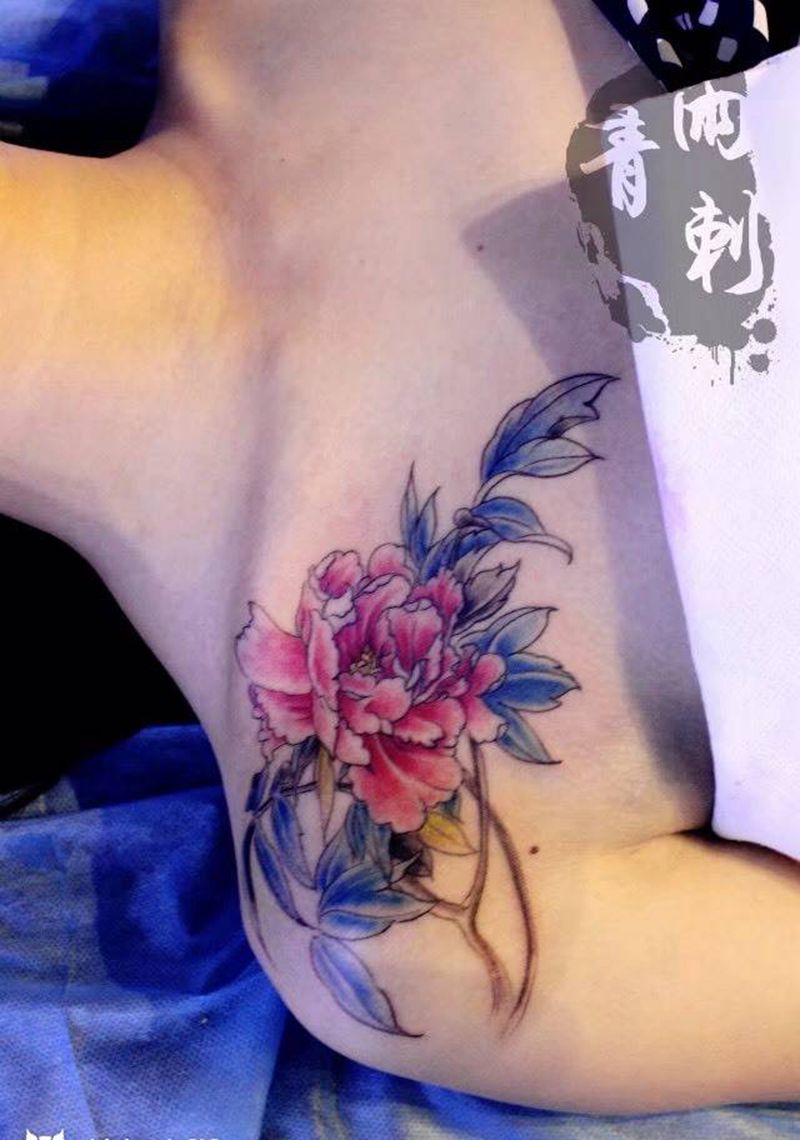 牡丹纹身图片_成品肩部胸部颈部传统国画植物静物原创纹身图案