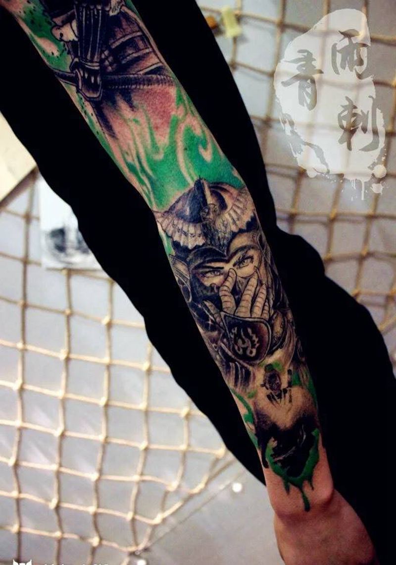 武道纹身图片_成品原创插画手臂肩部手部写实欧美肖像人物纹身图案