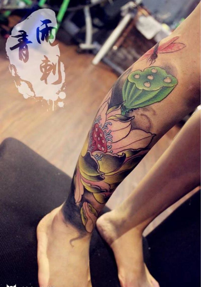 失败纹身纹身图片_成品腿部传统习俗国画植物宗教遮盖纹身图案