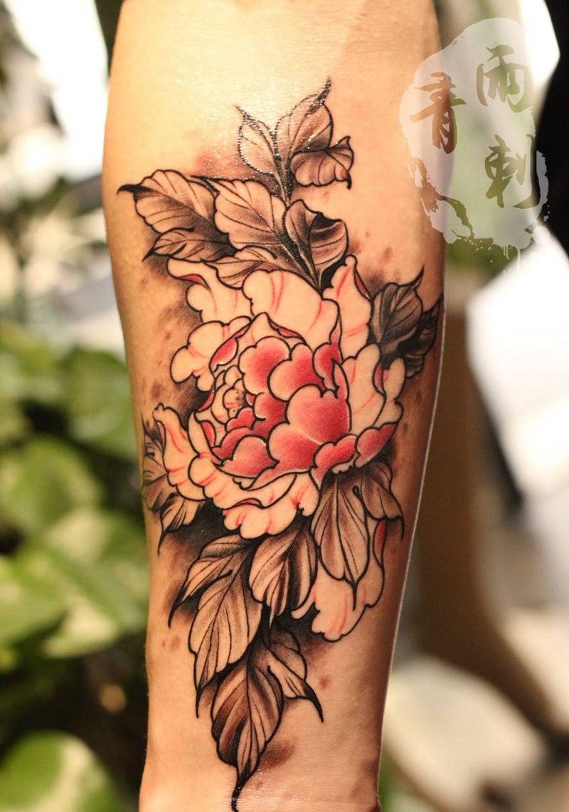 欧美大牡丹纹身图片_成品手臂欧美植物纹身图案