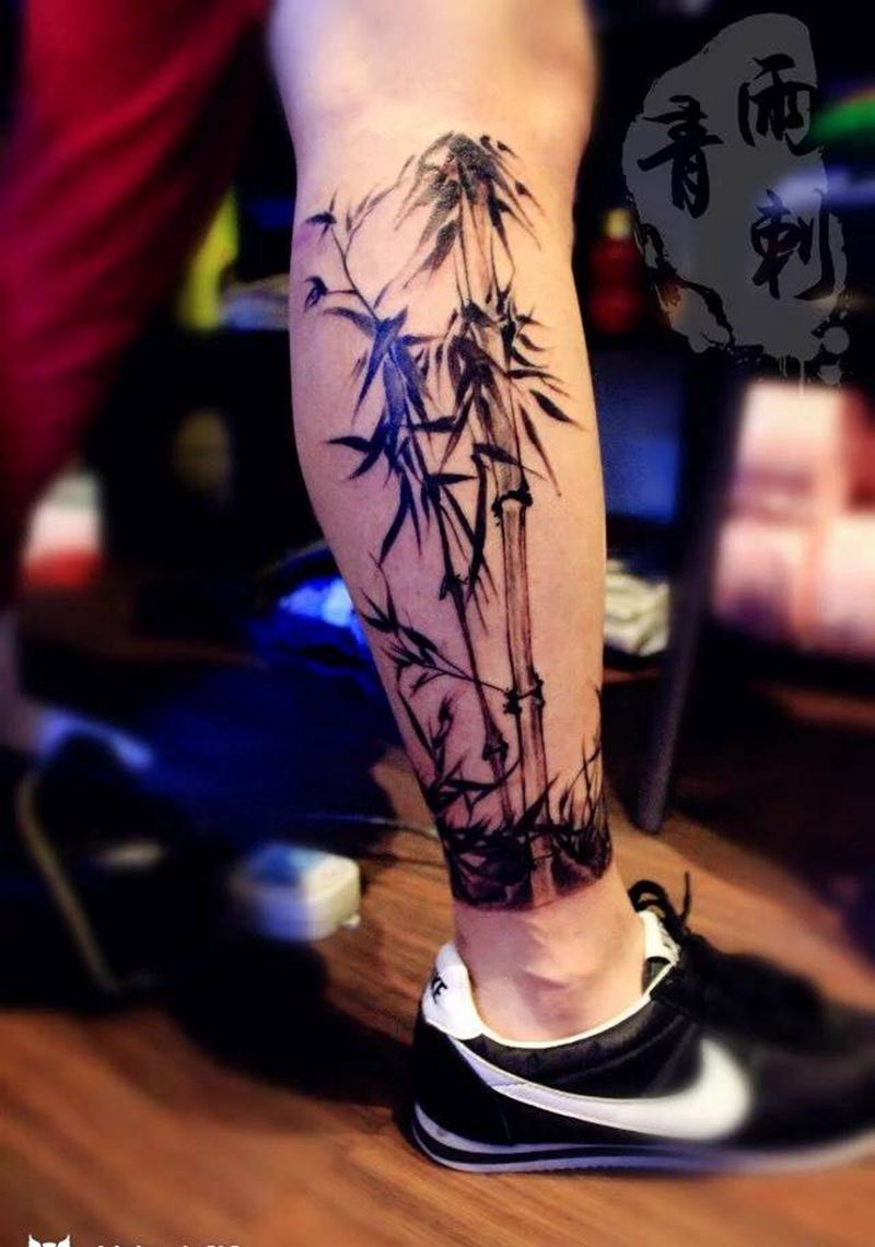 竹纹身图片_成品手稿腿部国画传统静物植物原创纹身图案