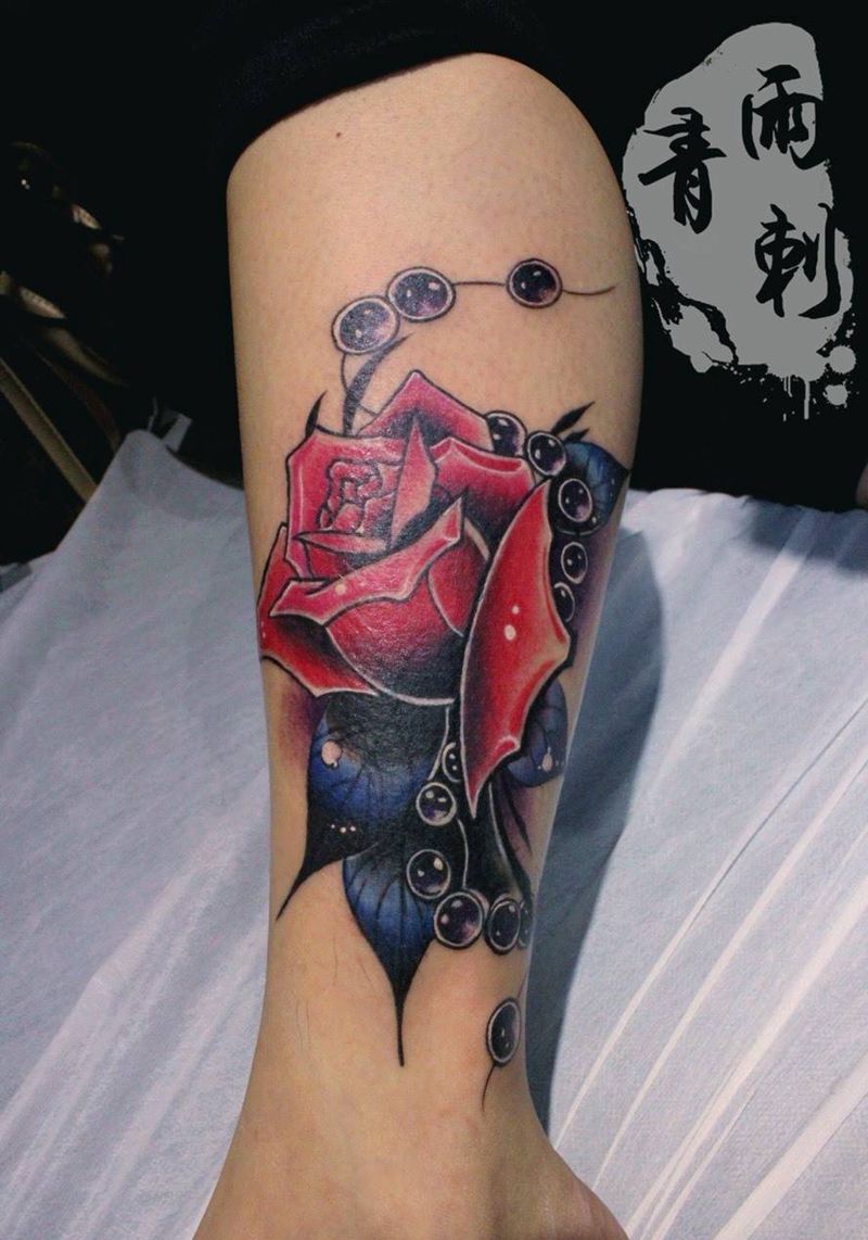 原创设计遮盖作品纹身图片_成品腿部欧美植物原创遮盖纹身图案