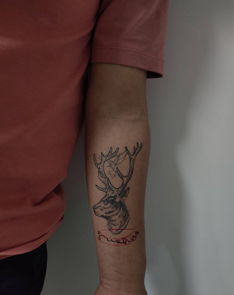去年的鹿，今年添加英文纹身图片_手臂纹身图案
