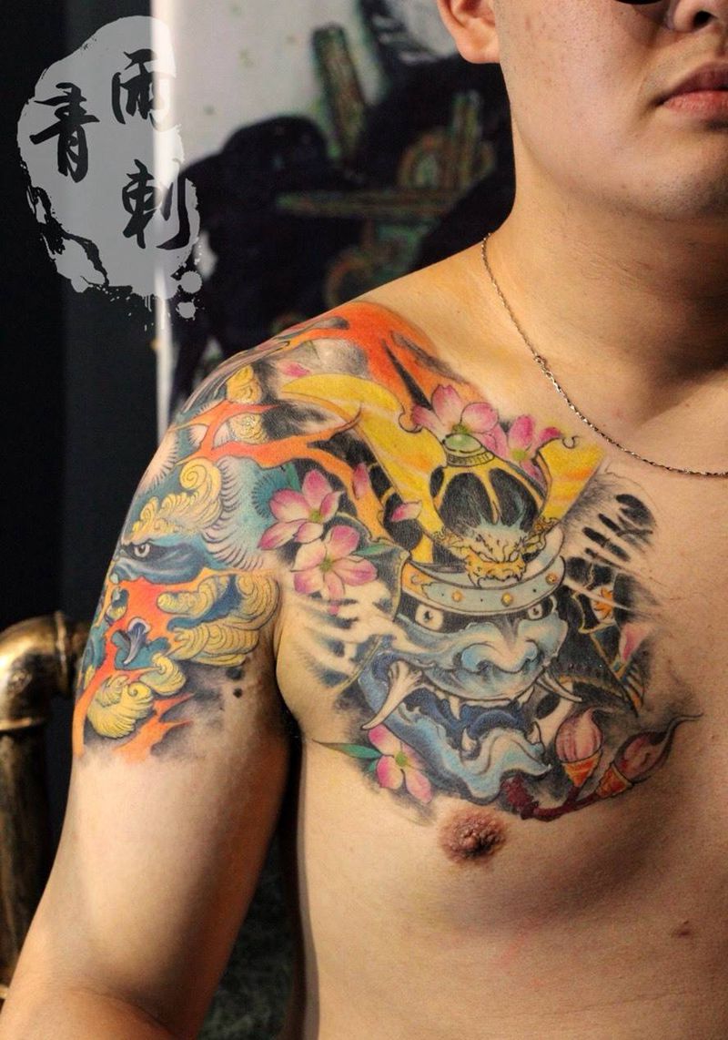 唐狮鬼武士半胛纹身图片_成品肩部胸部手臂传统鬼神纹身图案
