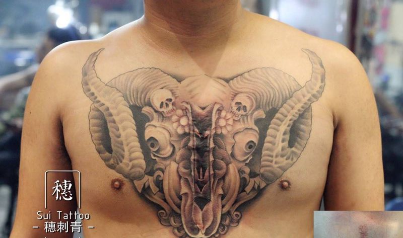 大羊头~完美遮盖~纹身图片