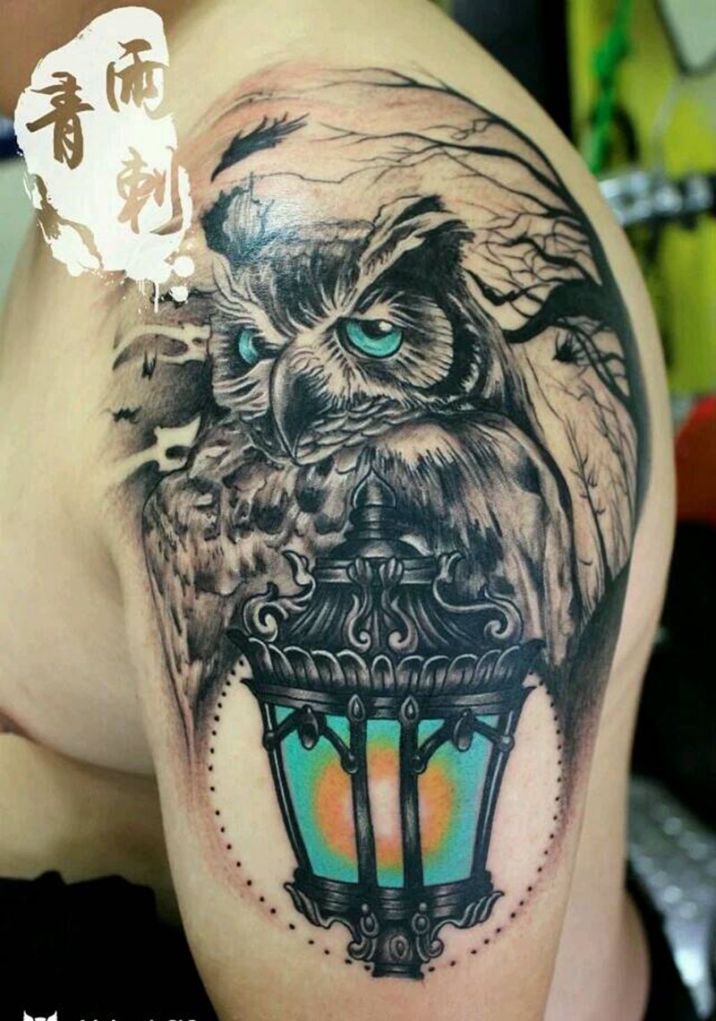 猫头鹰纹身图片_肩部欧美写实动物原创成品纹身图案