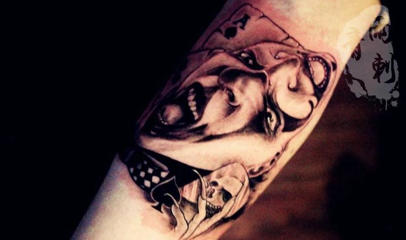 大小鬼纹身图片_成品手臂欧美肖像写实人物鬼神纹身图案