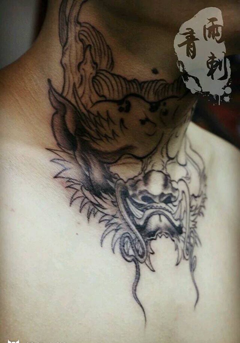 花脖纹身图片_颈部传统动物鬼神龙龙苍龙纹身图案