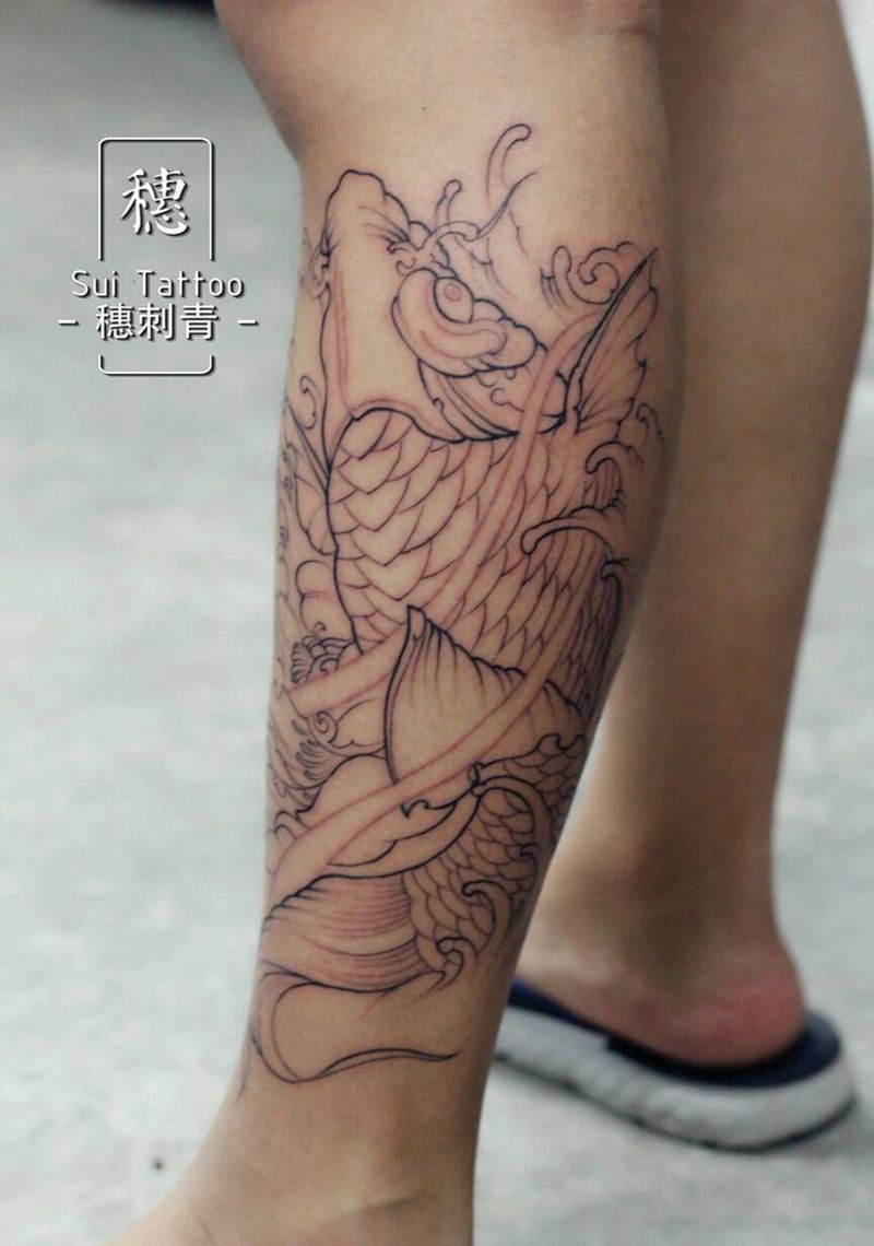 鲤鱼走线纹身图片