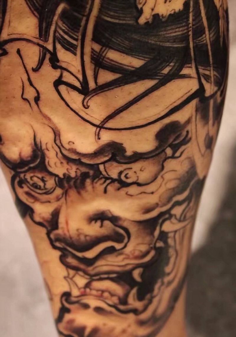 雨神之作纹身图片_腿部传统鬼神宗教首席师纹身图案