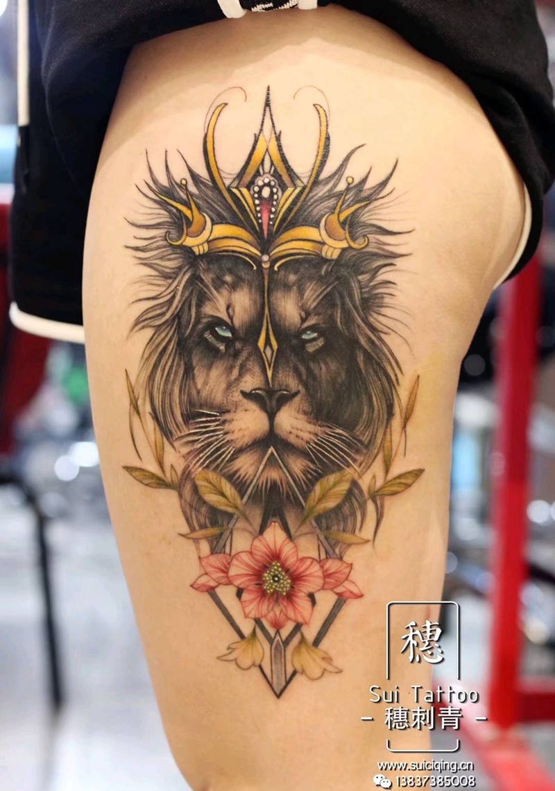 狮子王纹身图片_腿部纹身图案