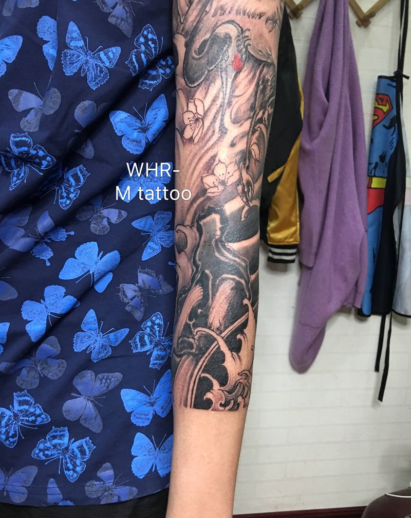 仙鹤七分花臂纹身图片_手臂新传统纹身图案