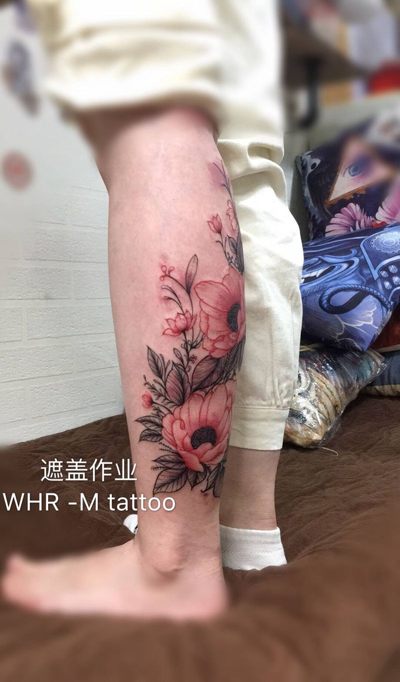 遮盖胎记纹身图片_腿部水彩纹身图案