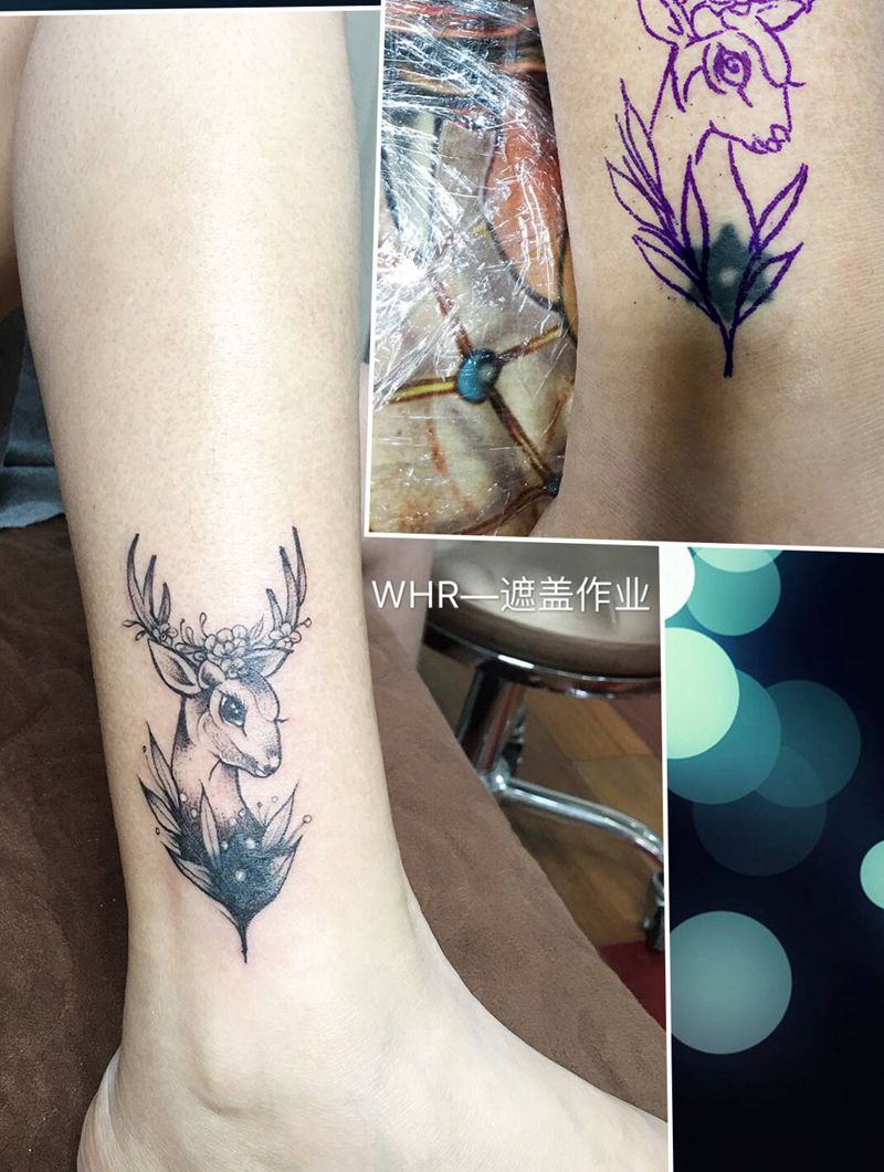 遮盖纹身图片_腿部点刺几何纹身图案