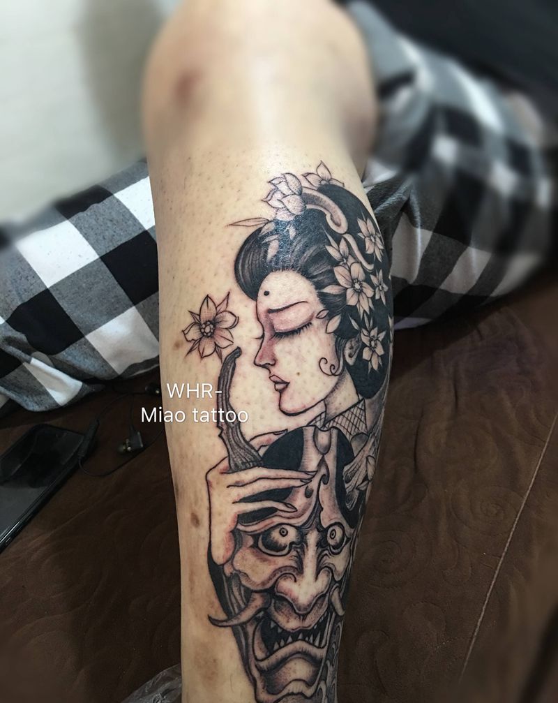 艺妓纹身图片_腿部新传统纹身图案