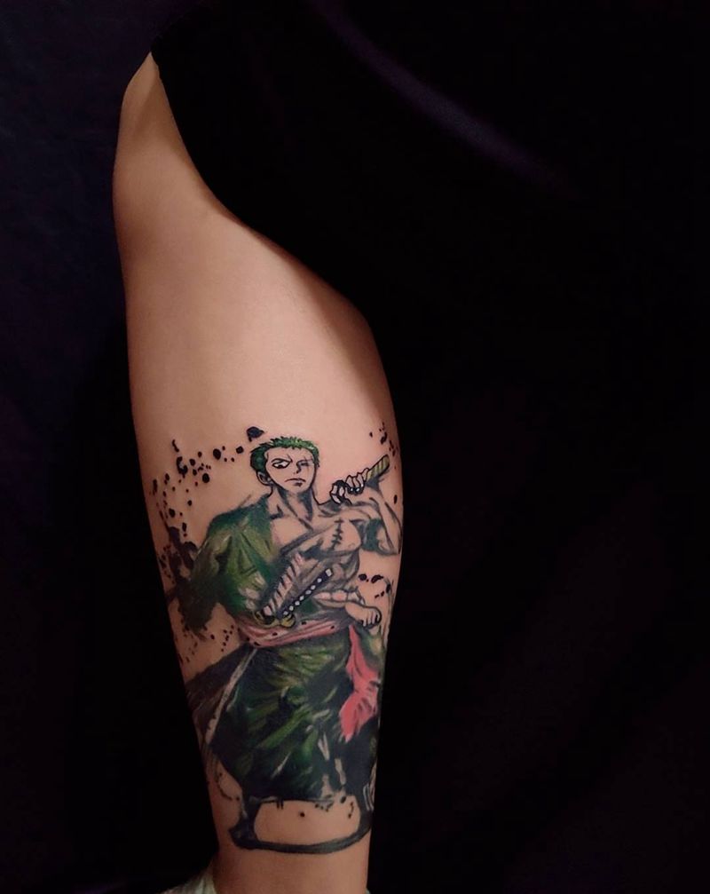 索隆纹身图片_腿部水墨纹身图案