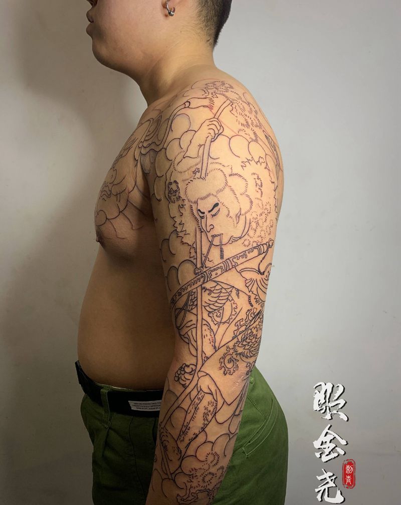 天狗 达摩蛋 （未完）纹身图片_手臂胸部老传统天狗达摩蛋人物纹身图案