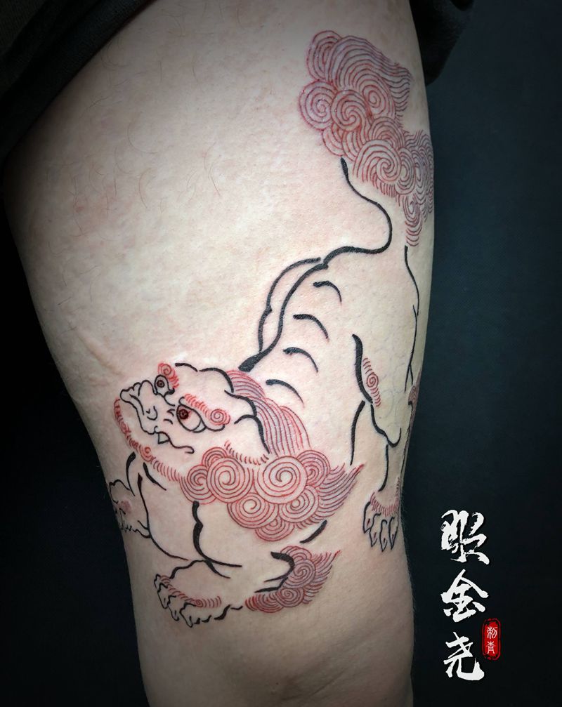 唐狮子（未完）纹身图片_腿部老传统唐狮子纹身图案