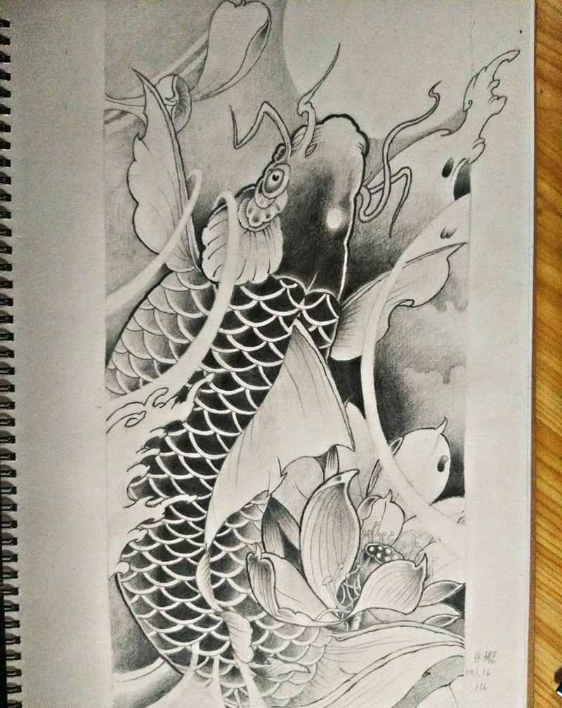 鱼纹身图片_腿部手臂新传统鱼手稿纹身图案