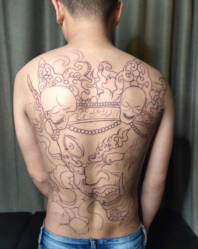 大黑天守护神线条纹身图片_背部新传统纹身图案