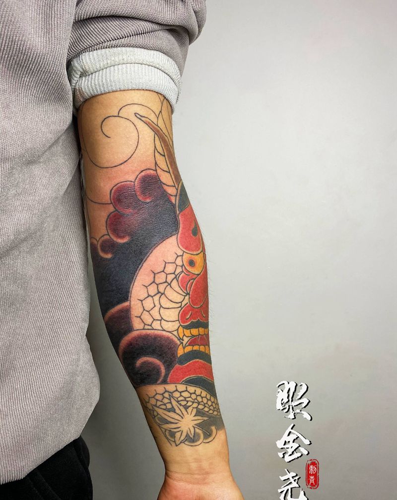 般若与蛇纹身图片_手臂老传统蛇般若花臂纹身图案